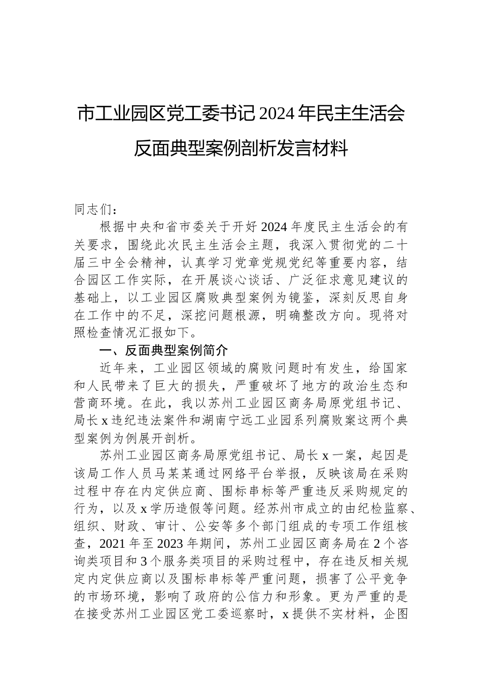 市工业园区党工委书记2024年民主生活会反面典型案例剖析发言材料（02-19）.docx_第1页